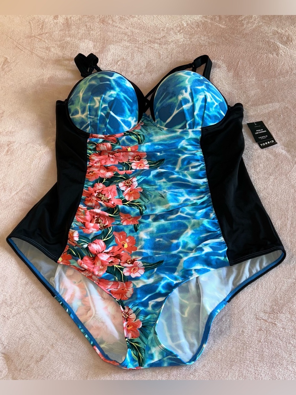 Torrid 1 piece water floral strappy back swimsuit 3X D/DD black ruched sides